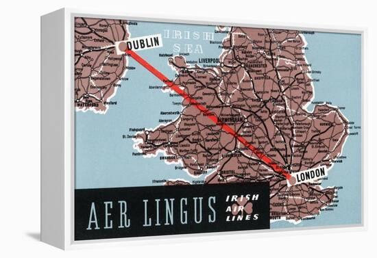 Dublin, Ireland - Aer Lingus Irish Airlines, Map View of Dublin-London Route-Lantern Press-Framed Stretched Canvas