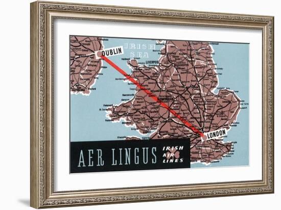 Dublin, Ireland - Aer Lingus Irish Airlines, Map View of Dublin-London Route-Lantern Press-Framed Art Print