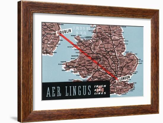 Dublin, Ireland - Aer Lingus Irish Airlines, Map View of Dublin-London Route-Lantern Press-Framed Art Print