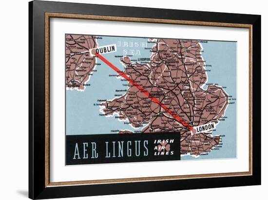 Dublin, Ireland - Aer Lingus Irish Airlines, Map View of Dublin-London Route-Lantern Press-Framed Art Print