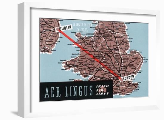 Dublin, Ireland - Aer Lingus Irish Airlines, Map View of Dublin-London Route-Lantern Press-Framed Art Print