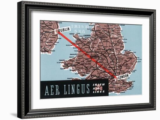 Dublin, Ireland - Aer Lingus Irish Airlines, Map View of Dublin-London Route-Lantern Press-Framed Art Print