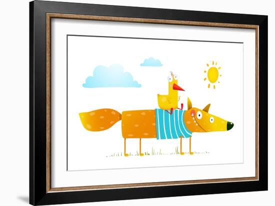 Duck Sitting on Fox Friends. Bird and Wild Fox Friendship. Animal Character, Creature Mammal in Nat-Popmarleo-Framed Art Print