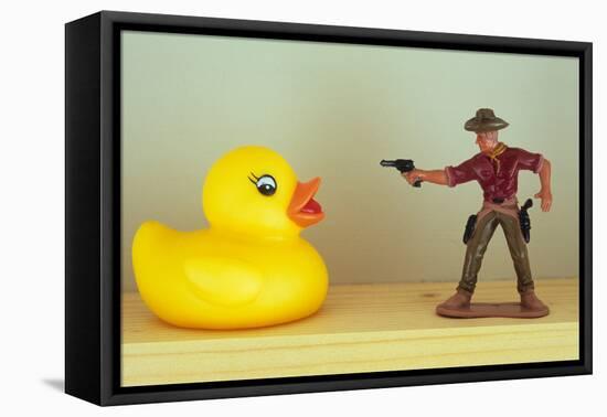Duck Takes On Cowboy-Den Reader-Framed Premier Image Canvas