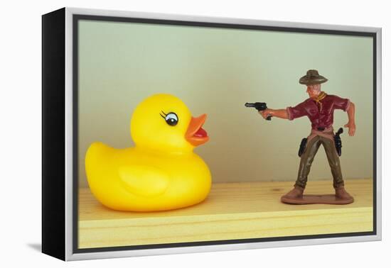 Duck Takes On Cowboy-Den Reader-Framed Premier Image Canvas