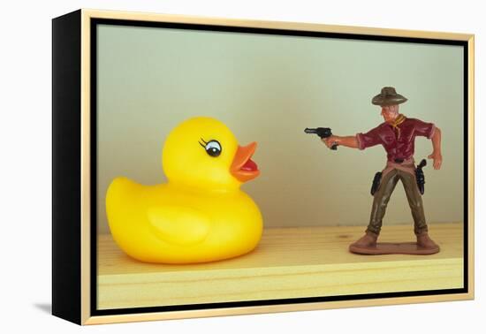 Duck Takes On Cowboy-Den Reader-Framed Premier Image Canvas