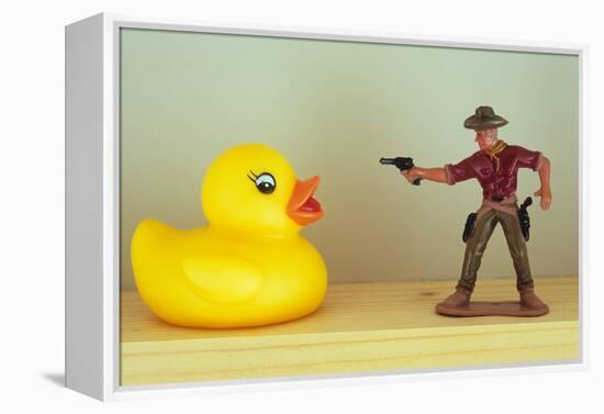 Duck Takes On Cowboy-Den Reader-Framed Premier Image Canvas