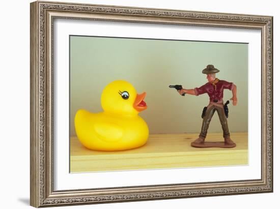 Duck Takes On Cowboy-Den Reader-Framed Photographic Print