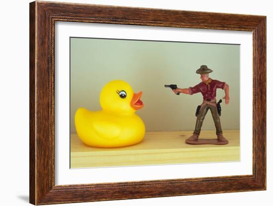 Duck Takes On Cowboy-Den Reader-Framed Photographic Print