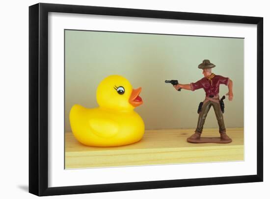 Duck Takes On Cowboy-Den Reader-Framed Photographic Print