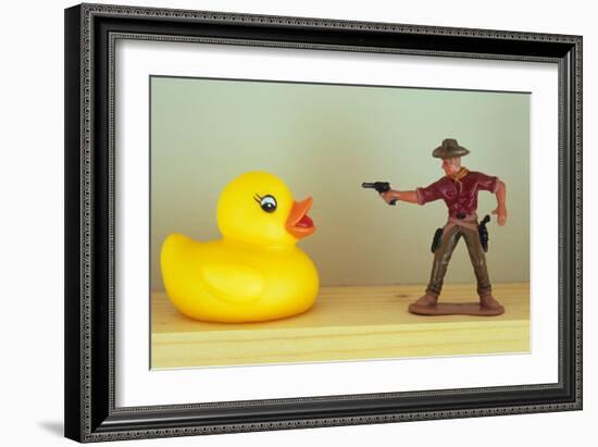 Duck Takes On Cowboy-Den Reader-Framed Photographic Print