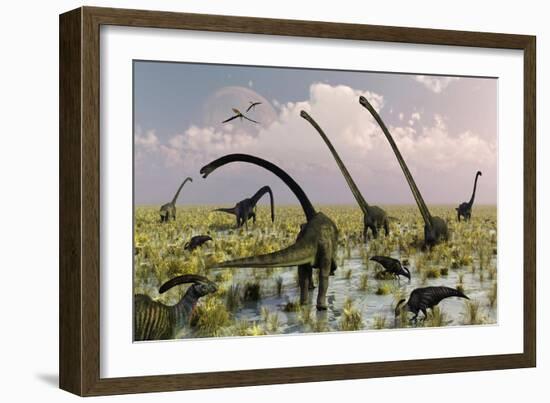 Duckbill Dinosaurs and Large Sauropods Share a Feeding Ground-null-Framed Premium Giclee Print