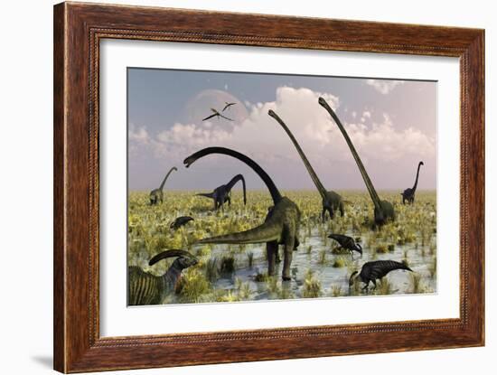 Duckbill Dinosaurs and Large Sauropods Share a Feeding Ground-null-Framed Premium Giclee Print