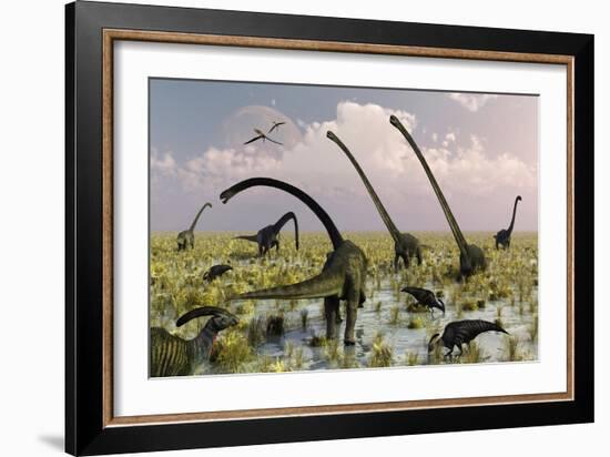 Duckbill Dinosaurs and Large Sauropods Share a Feeding Ground-null-Framed Premium Giclee Print