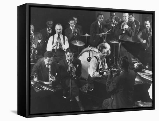 Duke Ellington, Dizzy Gillespie, Mezz Mezzrow and Others at Jam Session-Gjon Mili-Framed Premier Image Canvas