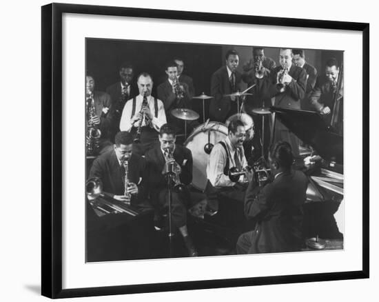 Duke Ellington, Dizzy Gillespie, Mezz Mezzrow and Others at Jam Session-Gjon Mili-Framed Premium Photographic Print