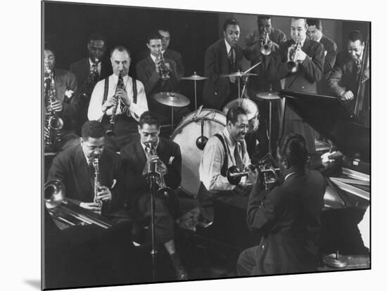 Duke Ellington, Dizzy Gillespie, Mezz Mezzrow and Others at Jam Session-Gjon Mili-Mounted Premium Photographic Print