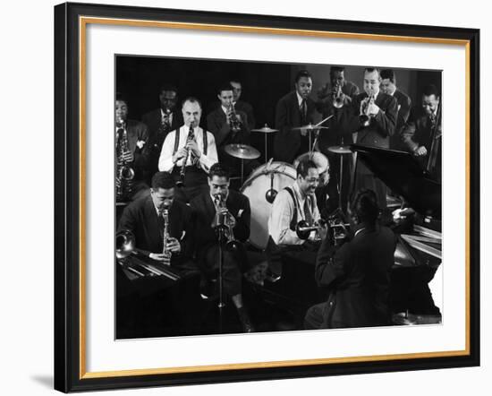 Duke Ellington During Jam Session with Band Members Probably in Photographer Gjon Mili's Studio-Gjon Mili-Framed Premium Photographic Print