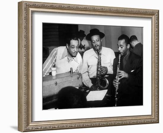 Duke Ellington with Ben Webster and Jimmy Hamilton at Carnegie Hall, 1948-null-Framed Photo