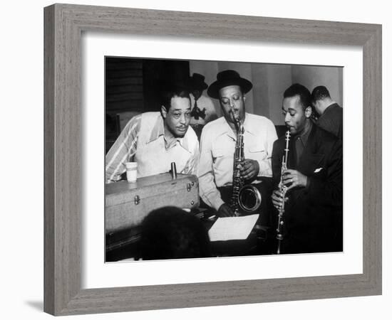 Duke Ellington with Ben Webster and Jimmy Hamilton at Carnegie Hall, 1948-null-Framed Photo