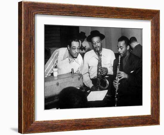 Duke Ellington with Ben Webster and Jimmy Hamilton at Carnegie Hall, 1948-null-Framed Photo