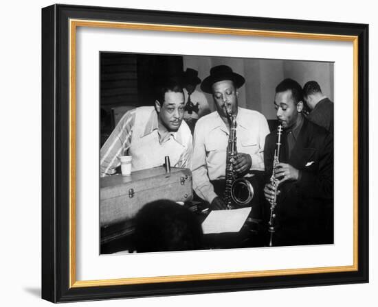 Duke Ellington with Ben Webster and Jimmy Hamilton at Carnegie Hall, 1948-null-Framed Photo