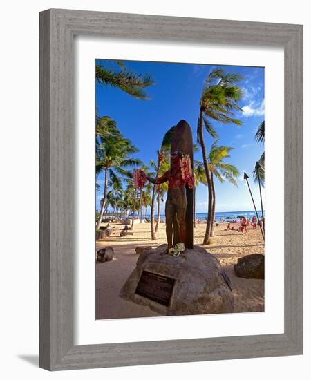 Duke Kahanamoku's Statue on Waikiki Beach-George Oze-Framed Photographic Print