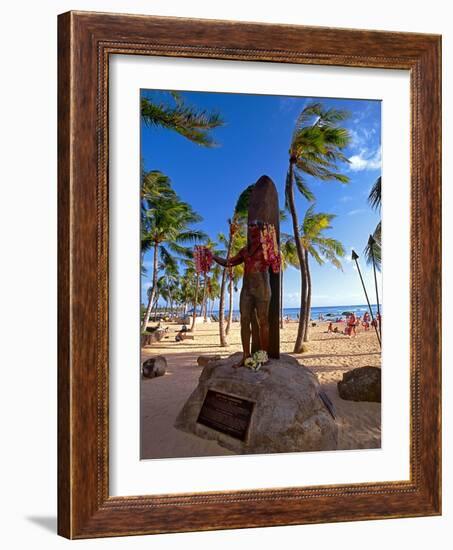 Duke Kahanamoku's Statue on Waikiki Beach-George Oze-Framed Photographic Print