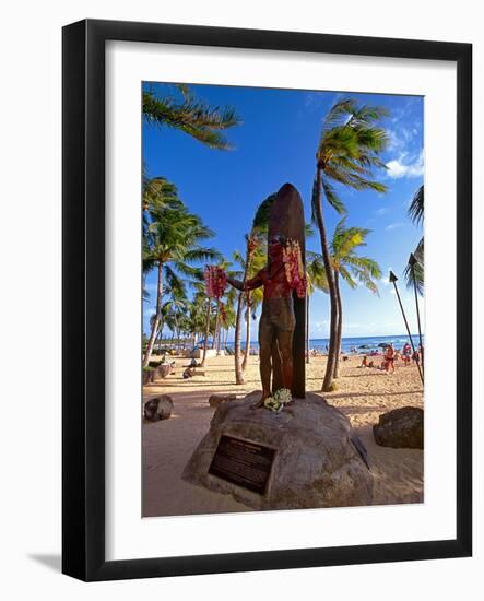Duke Kahanamoku's Statue on Waikiki Beach-George Oze-Framed Photographic Print