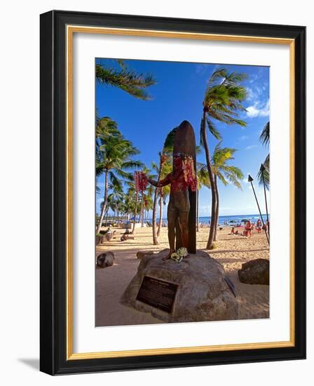 Duke Kahanamoku's Statue on Waikiki Beach-George Oze-Framed Photographic Print