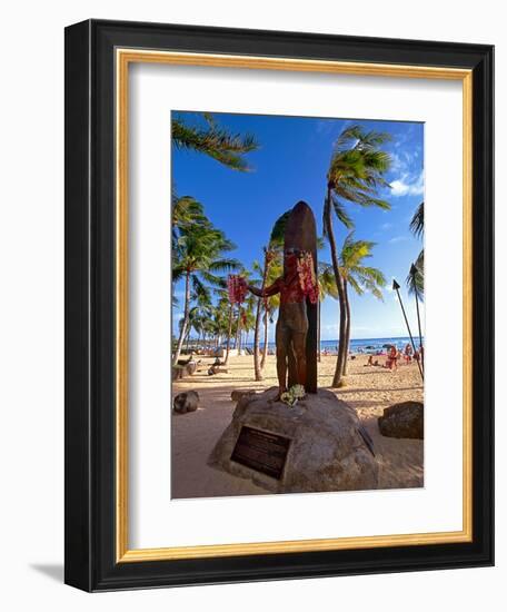 Duke Kahanamoku's Statue on Waikiki Beach-George Oze-Framed Photographic Print