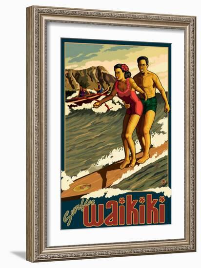 Duke Kahanamoku Surfing Scene, Waikiki, Hawaii-Lantern Press-Framed Art Print