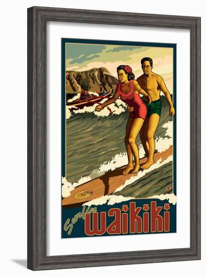 Duke Kahanamoku Surfing Scene, Waikiki, Hawaii-Lantern Press-Framed Art Print