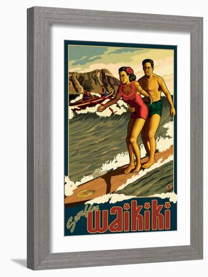 Duke Kahanamoku Surfing Scene, Waikiki, Hawaii-Lantern Press-Framed Art Print