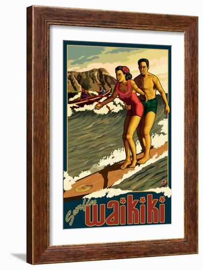 Duke Kahanamoku Surfing Scene, Waikiki, Hawaii-Lantern Press-Framed Art Print