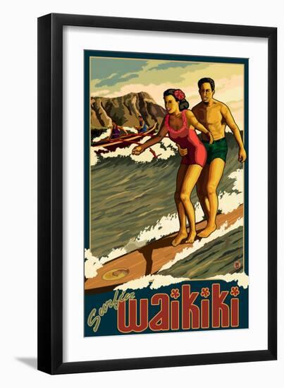 Duke Kahanamoku Surfing Scene, Waikiki, Hawaii-Lantern Press-Framed Art Print