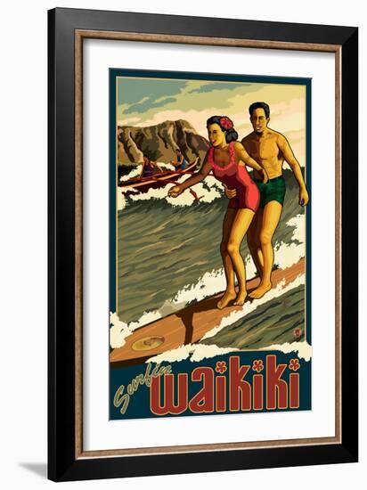 Duke Kahanamoku Surfing Scene, Waikiki, Hawaii-Lantern Press-Framed Art Print