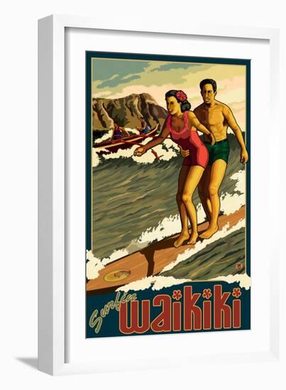 Duke Kahanamoku Surfing Scene, Waikiki, Hawaii-Lantern Press-Framed Art Print