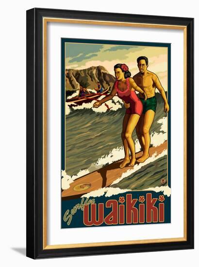 Duke Kahanamoku Surfing Scene, Waikiki, Hawaii-Lantern Press-Framed Art Print