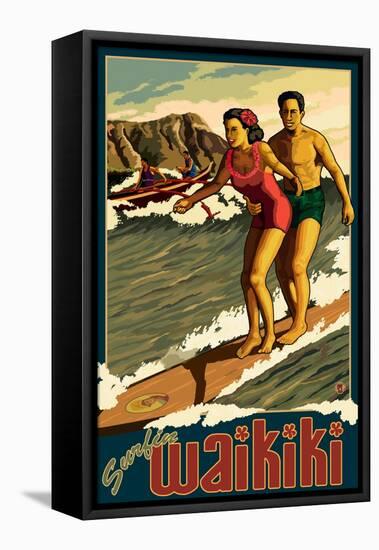 Duke Kahanamoku Surfing Scene, Waikiki, Hawaii-Lantern Press-Framed Stretched Canvas