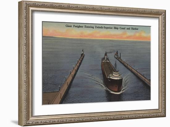 Duluth, MN - View of Freighter Entering Ship Canal-Lantern Press-Framed Art Print