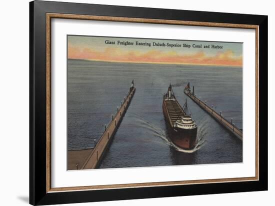 Duluth, MN - View of Freighter Entering Ship Canal-Lantern Press-Framed Art Print