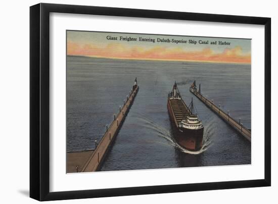 Duluth, MN - View of Freighter Entering Ship Canal-Lantern Press-Framed Art Print