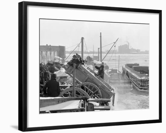 Dumping Snow into the River after a Blizzard, New York-null-Framed Photo