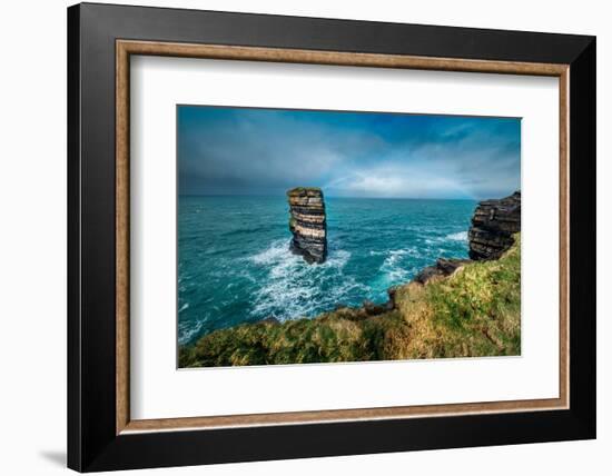 Dun Briste Sea Stack resists the onslaught of the stormy Atlantic Ocean, County Mayo, Ireland.-Betty Sederquist-Framed Photographic Print