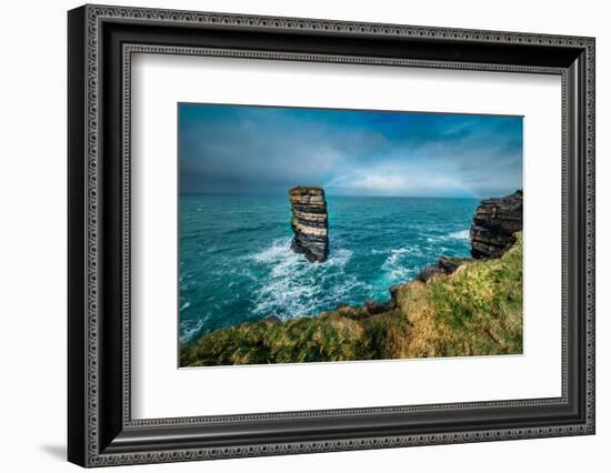 Dun Briste Sea Stack resists the onslaught of the stormy Atlantic Ocean, County Mayo, Ireland.-Betty Sederquist-Framed Photographic Print