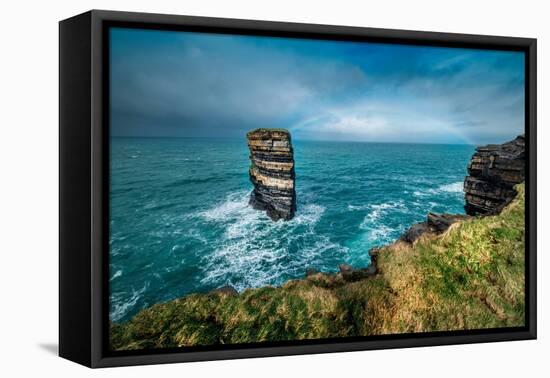 Dun Briste Sea Stack resists the onslaught of the stormy Atlantic Ocean, County Mayo, Ireland.-Betty Sederquist-Framed Premier Image Canvas