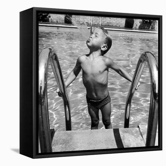 Duncan Richardson, 3-Year-Old Swimming Prodigy, Spouting Water Like a Whale, Town House Pool-Martha Holmes-Framed Premier Image Canvas