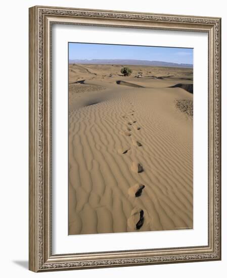 Dunes and Camp Under Tree in the Distance at Erg Al Hatin, Desert Trek, Draa Valley, Morocco-Jenny Pate-Framed Photographic Print