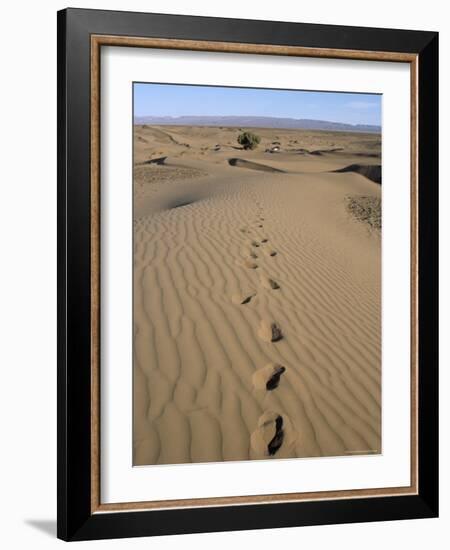 Dunes and Camp Under Tree in the Distance at Erg Al Hatin, Desert Trek, Draa Valley, Morocco-Jenny Pate-Framed Photographic Print